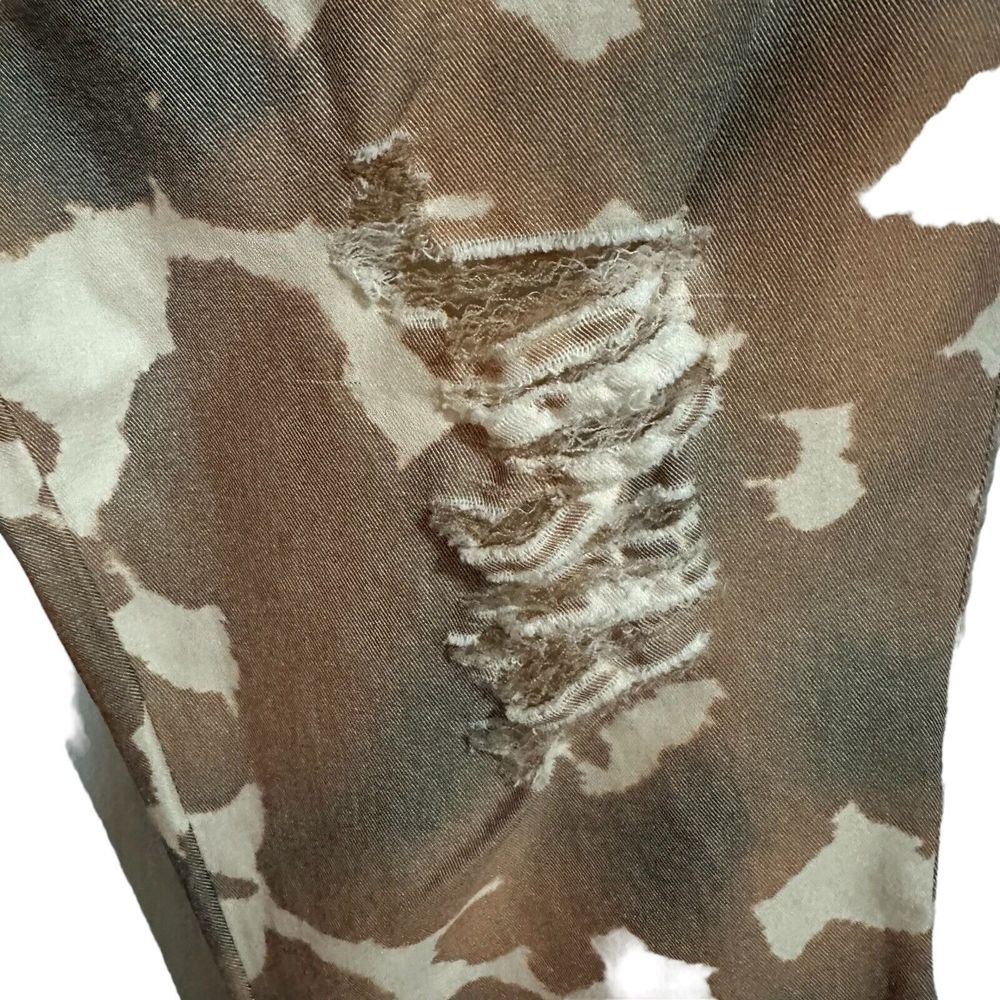 L&B Lucky & Blessed  Brown & White Distressed Flare Jeans with Fringe Cow PRINT - Picture 6 of 9